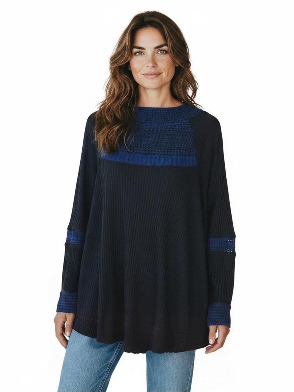 Free People Black Knit Long-Sleeve Top with Blue Crochet Trim